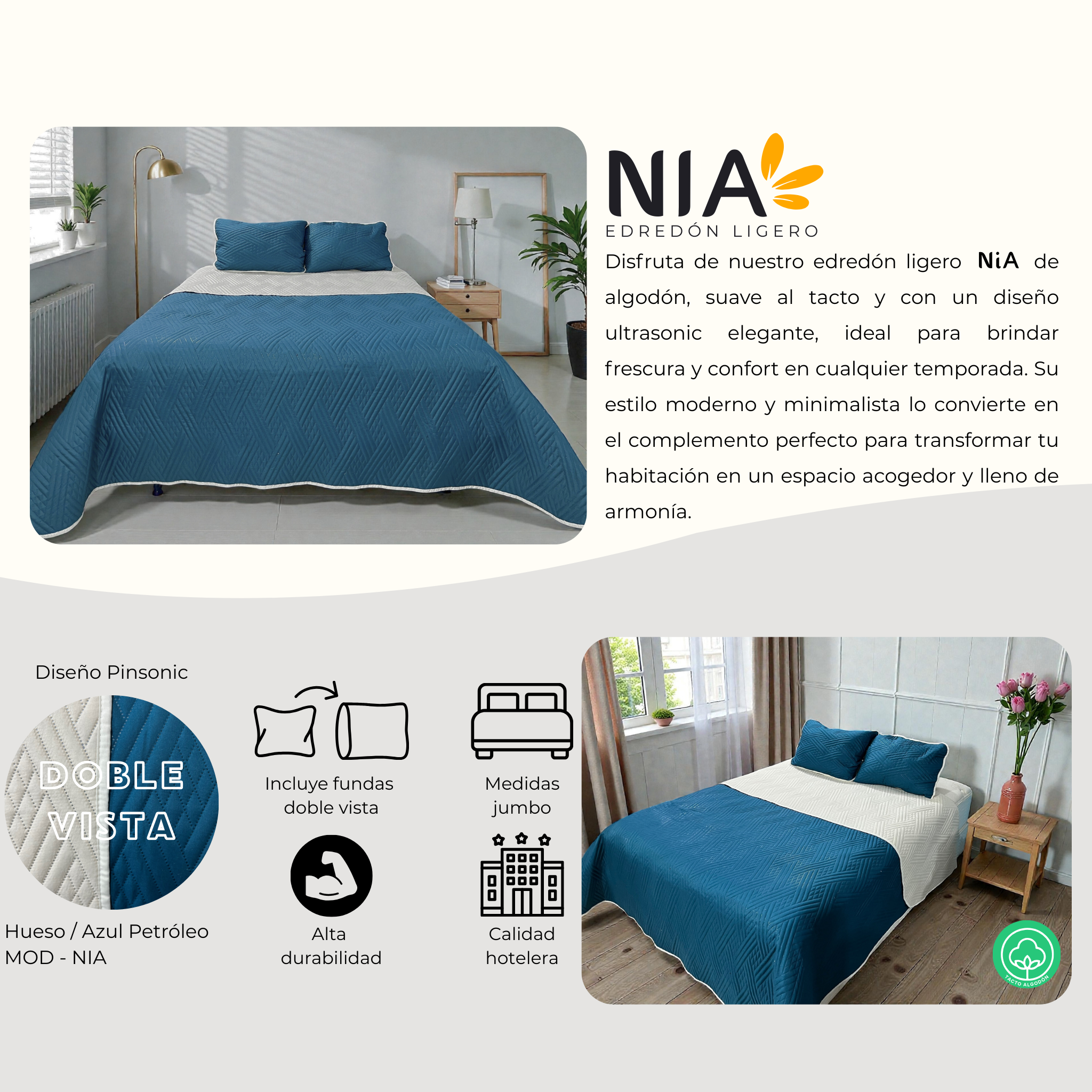 Edredón ligero Nia - Azul Petróleo/Champagne