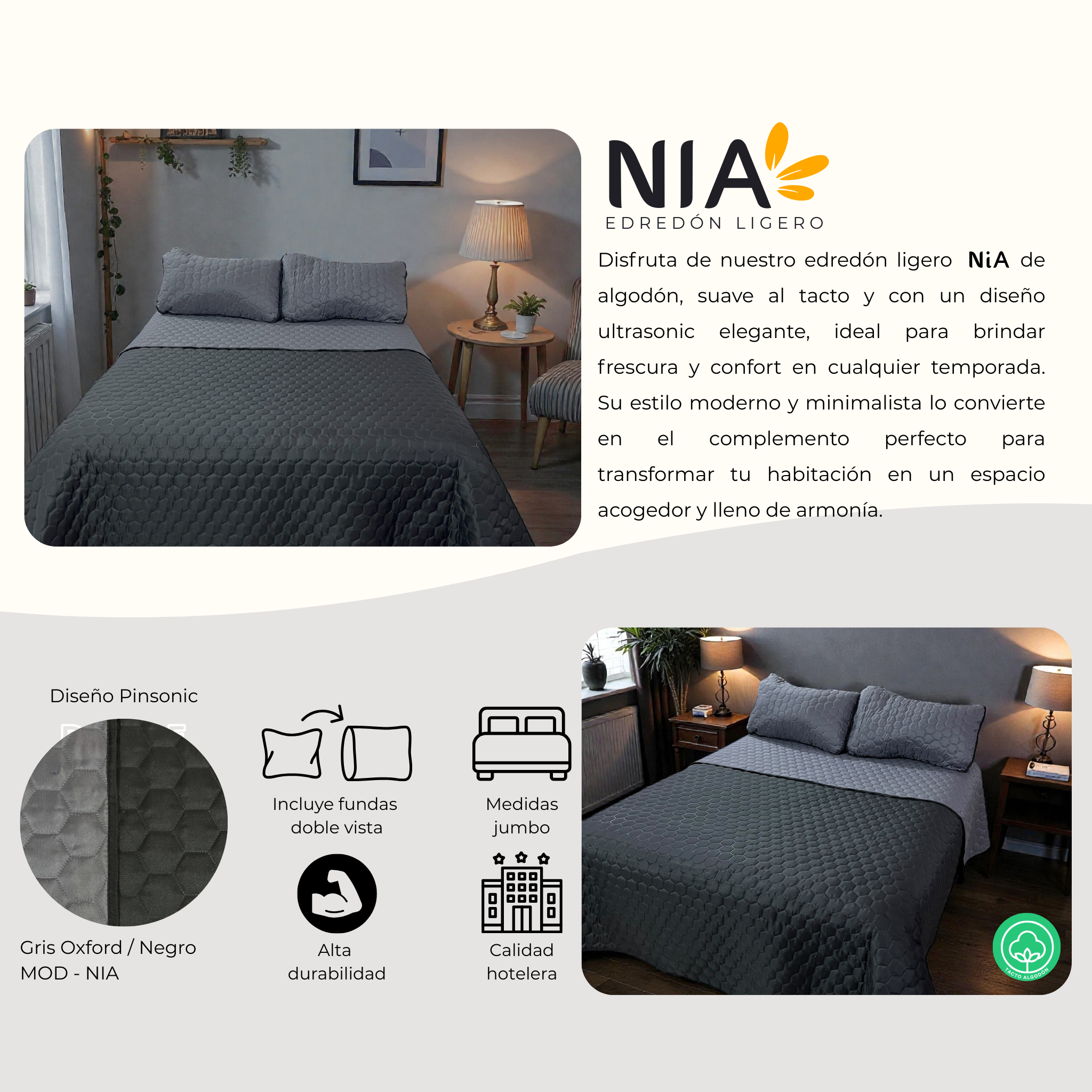 Edredón ligero Nia - Oxford/Negro