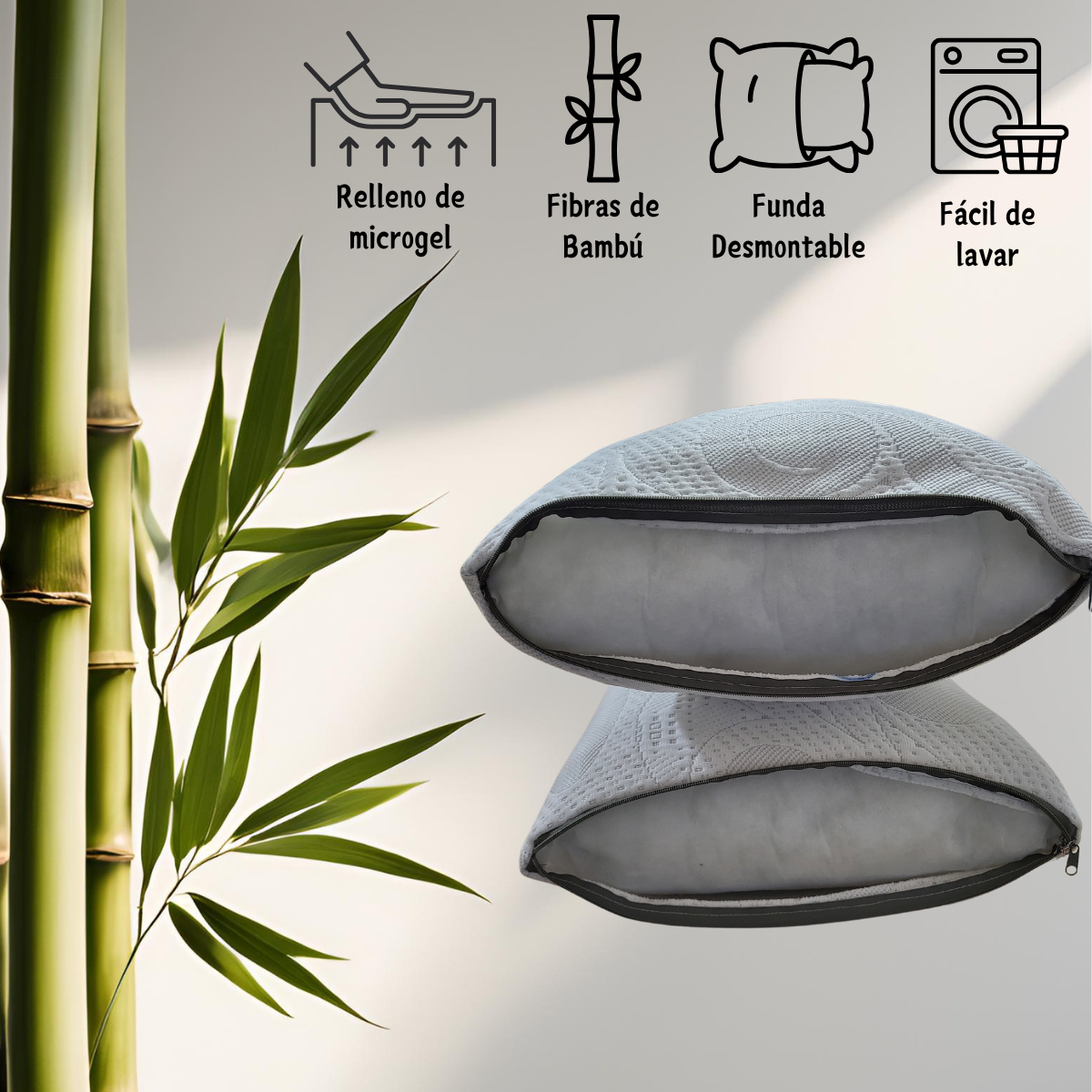 Par Almohada de Bambú Transpirable con Cierre  - Relleno de Microgel con Capullo