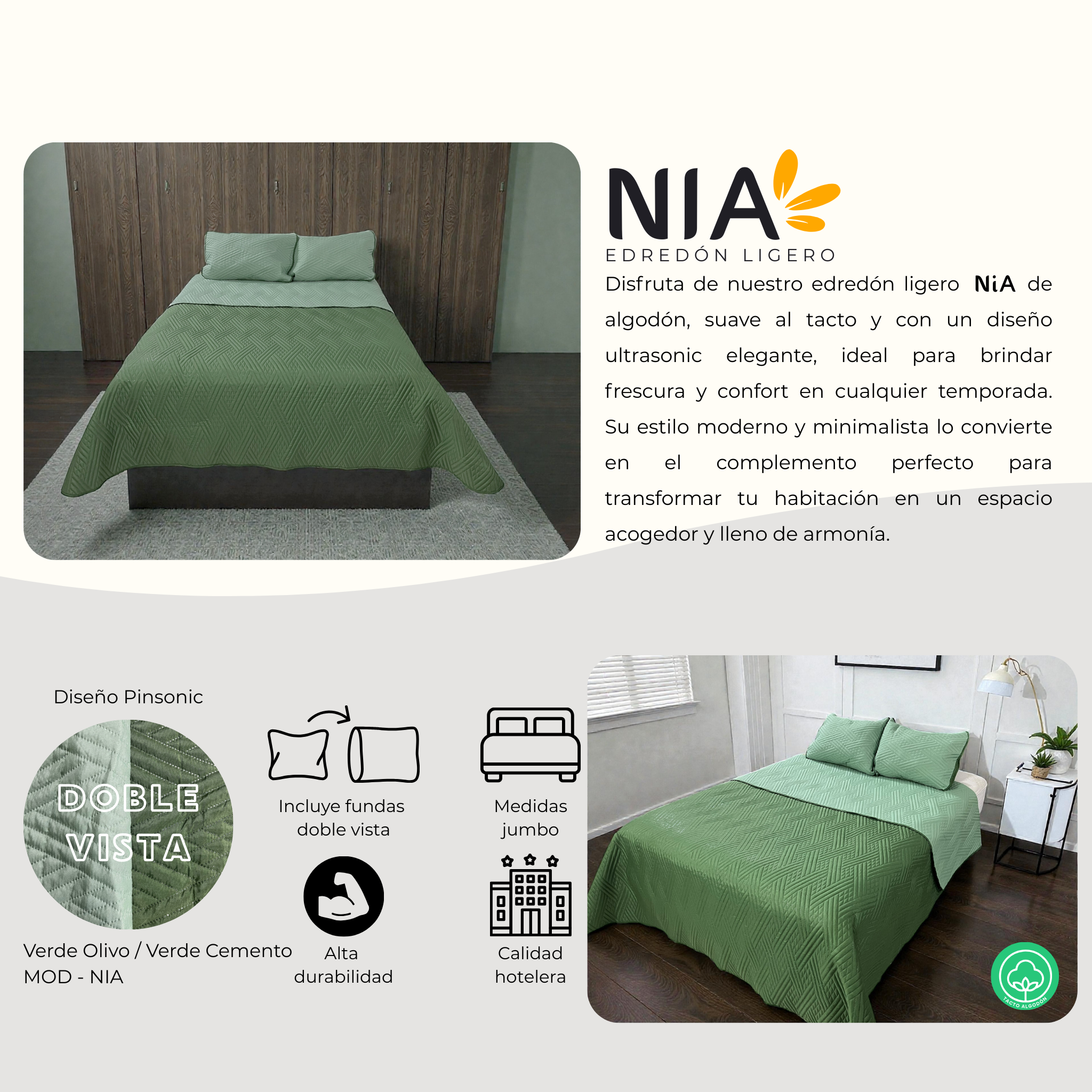 Edredón ligero Nia - Verde Olivo/Verde Cemento